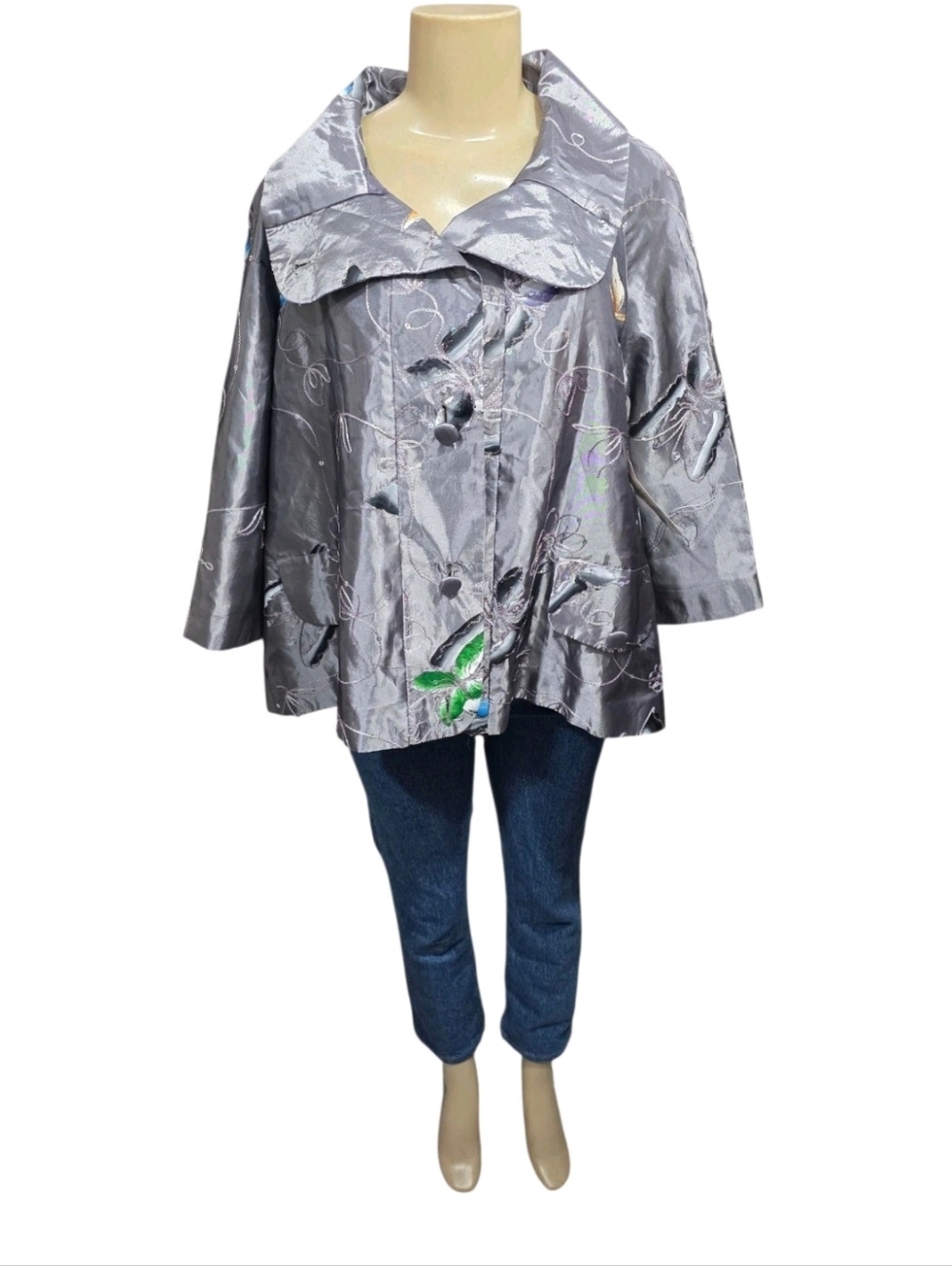 Patchington Blazer Jacket Women's Sz M‎ Butterfly Ruffles Light Gray VTG